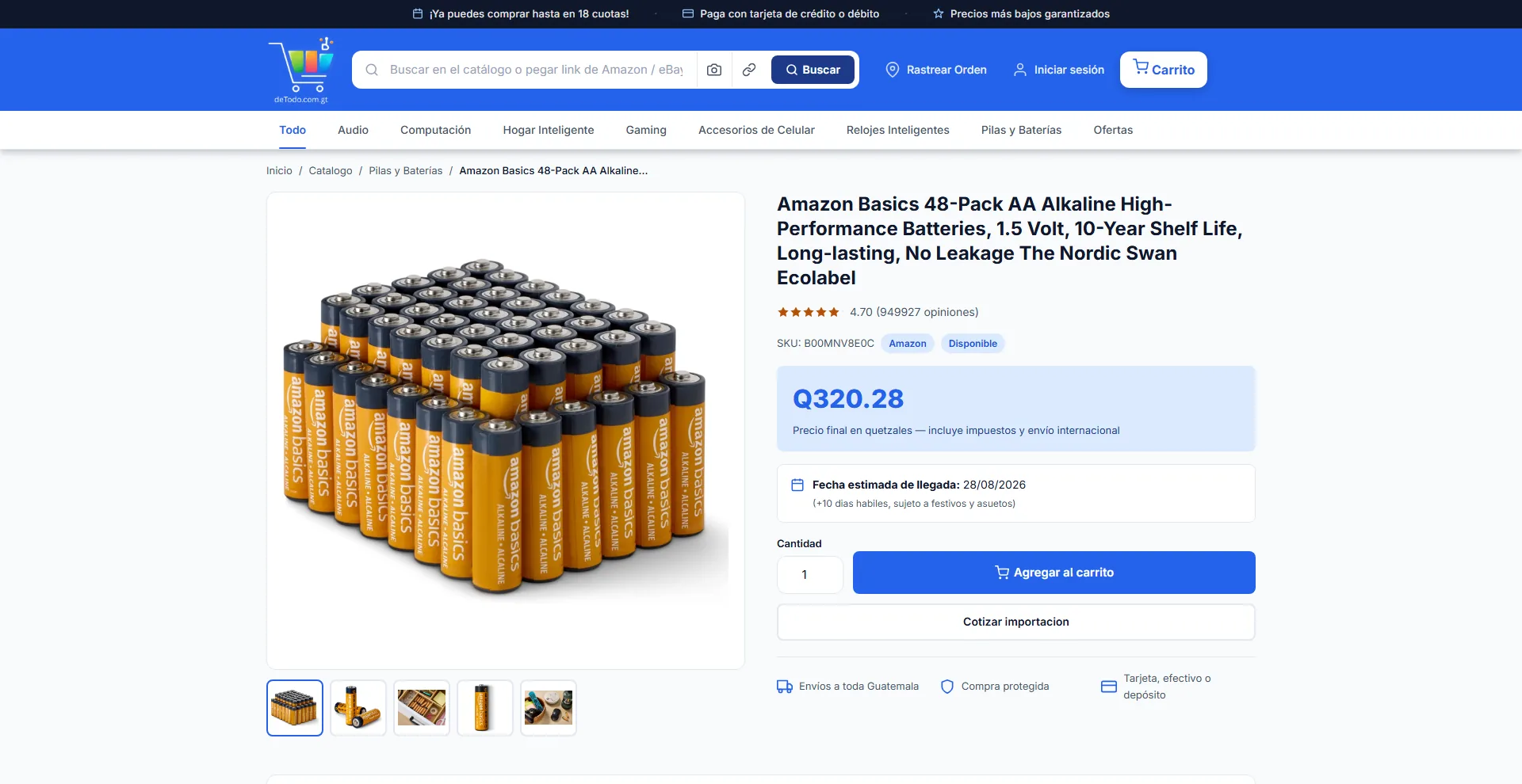 Captura de una ficha de producto de deTodo.com.gt: precio en quetzales, fecha estimada de llegada y botón para cotizar la importación